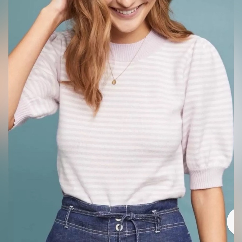 Anthropologie MOTH Connelly Lilac Cream Striped Short Puff Sleeve Sweater top